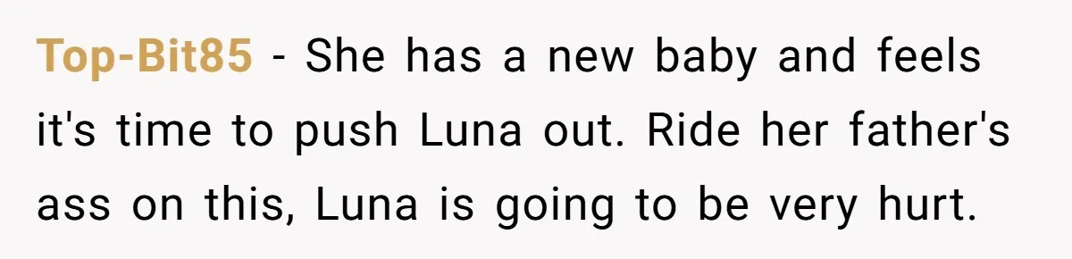 Top-Bit85 − She has a new baby and feels it's time to push Luna out. Ride her father's ass on this, Luna is going to be very hurt.