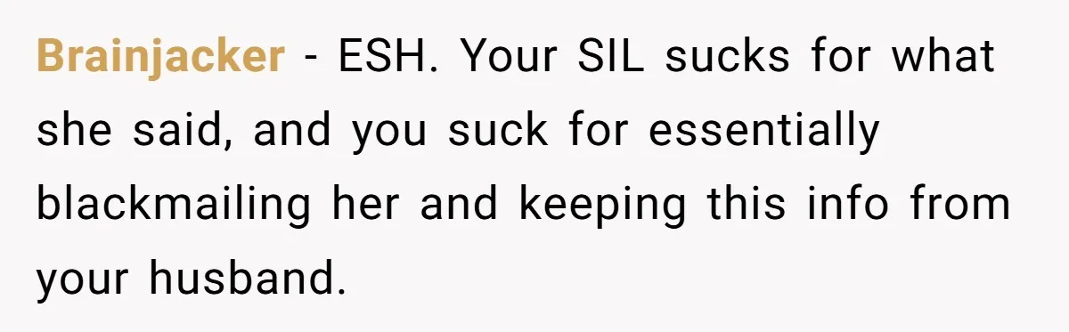 Brainjacker − ESH. Your SIL sucks for what she said, and you suck for essentially blackmailing her and keeping this info from your husband.