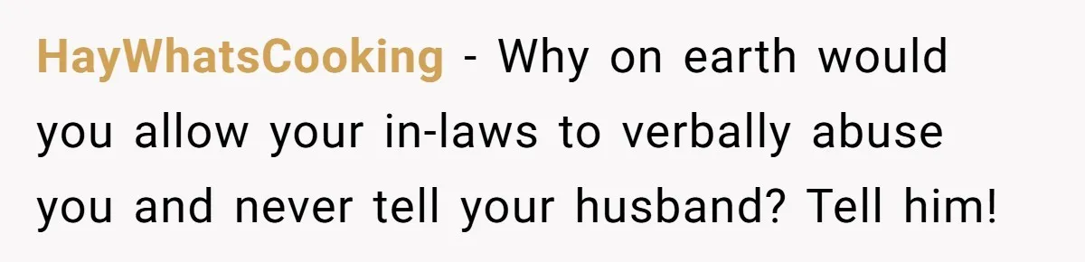 HayWhatsCooking − Why on earth would you allow your in-laws to verbally abuse you and never tell your husband? Tell him!