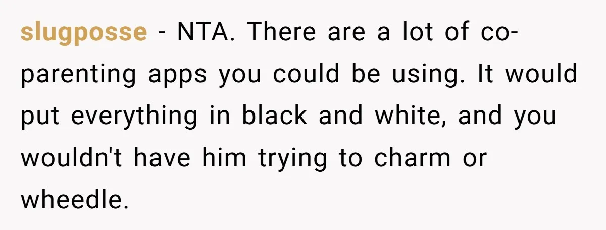 slugposse − NTA. There are a lot of co-parenting apps you could be using. It would put everything in black and white, and you wouldn't have him trying to charm...