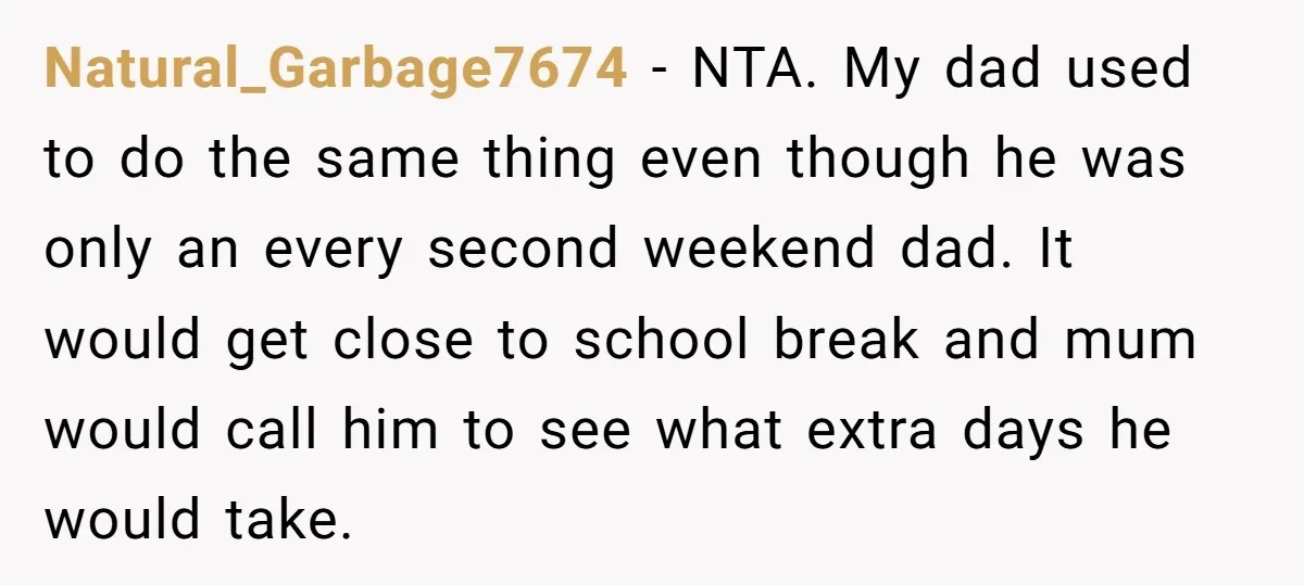 Natural_Garbage7674 − NTA. My dad used to do the same thing even though he was only an every second weekend dad. It would get close to school break and mum...