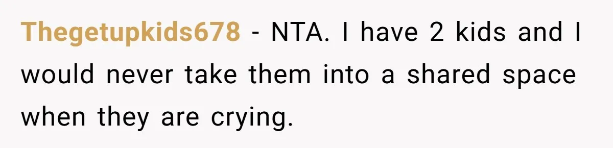 Thegetupkids678 − NTA. I have 2 kids and I would never take them into a shared space when they are crying.