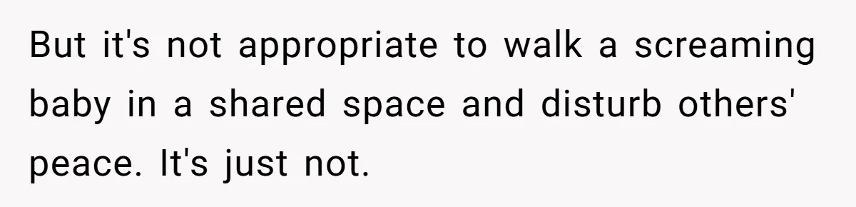 But it's not appropriate to walk a screaming baby in a shared space and disturb others' peace. It's just not.