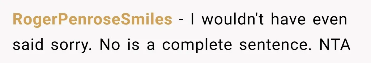RogerPenroseSmiles − I wouldn't have even said sorry. No is a complete sentence. NTA