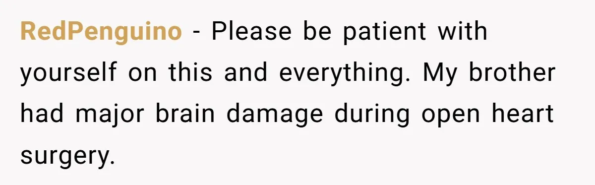 RedPenguino − Please be patient with yourself on this and everything. My brother had major brain damage during open heart surgery.