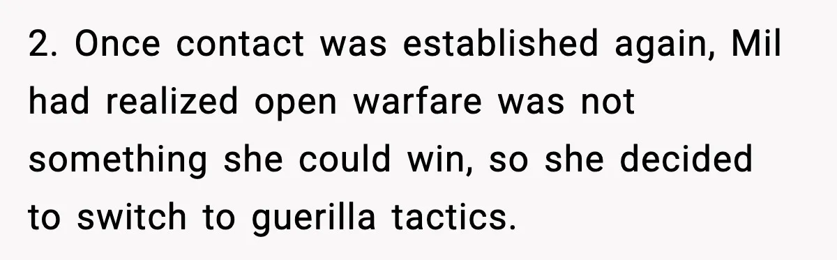 2. Once contact was established again, Mil had realized open warfare was not something she could win, so she decided to switch to guerilla tactics.