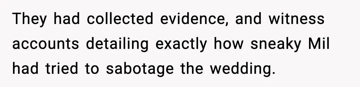 They had collected evidence, and witness accounts detailing exactly how sneaky Mil had tried to sabotage the wedding.