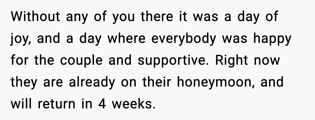 Without any of you there it was a day of joy, and a day where everybody was happy for the couple and supportive. Right now they are already on their...
