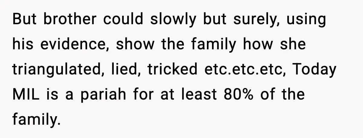 But brother could slowly but surely, using his evidence, show the family how she triangulated, lied, tricked etc.etc.etc, Today MIL is a pariah for at least 80% of the family.