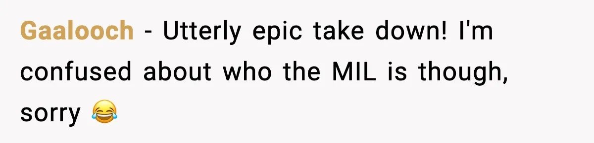 Gaalooch - Utterly epic take down! I'm confused about who the MIL is though, sorry 😂