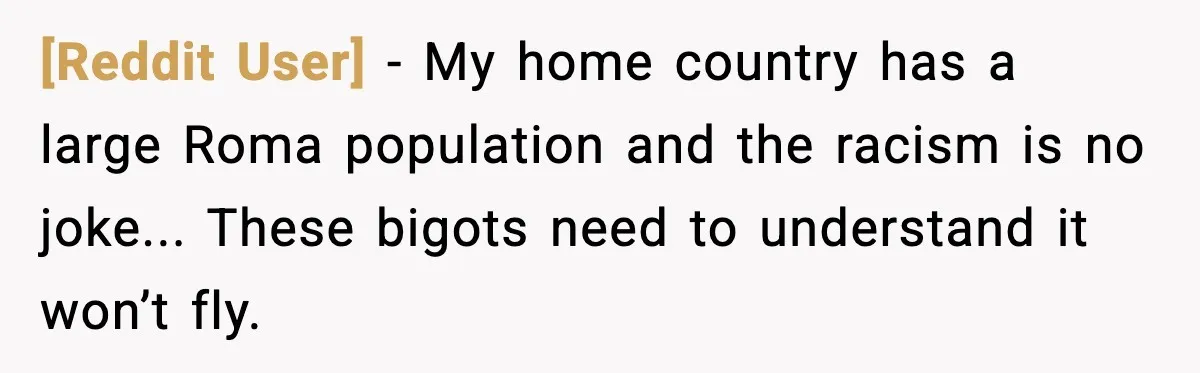 [Reddit User] - My home country has a large Roma population and the racism is no joke... These bigots need to understand it won’t fly.