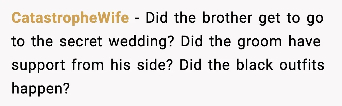 CatastropheWife - Did the brother get to go to the secret wedding? Did the groom have support from his side? Did the black outfits happen?