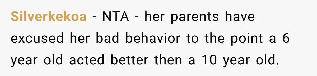 Silverkekoa − NTA - her parents have excused her bad behavior to the point a 6 year old acted better then a 10 year old.