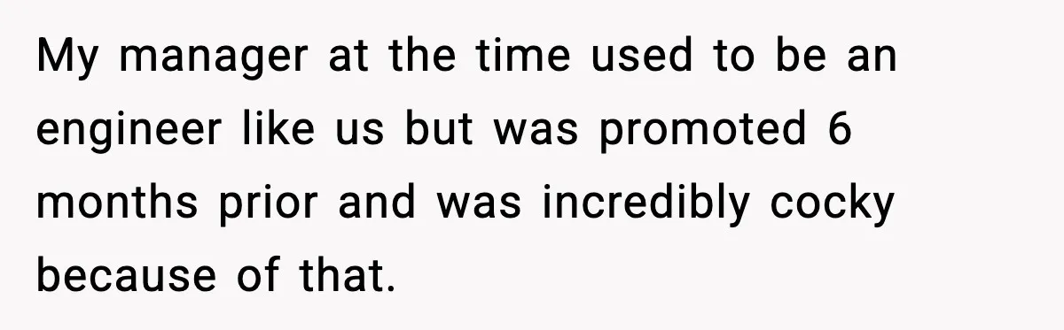 My manager at the time used to be an engineer like us but was promoted 6 months prior and was incredibly cocky because of that.