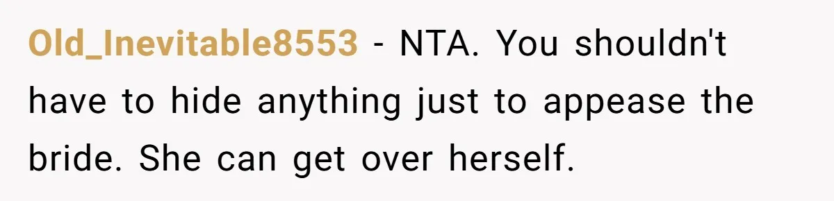 Old_Inevitable8553 − NTA. You shouldn't have to hide anything just to appease the bride. She can get over herself.