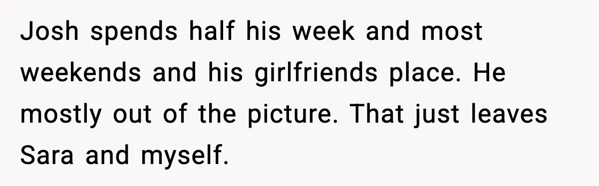 Josh spends half his week and most weekends and his girlfriends place. He mostly out of the picture. That just leaves Sara and myself.