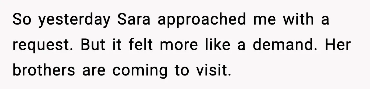So yesterday Sara approached me with a request. But it felt more like a demand. Her brothers are coming to visit.