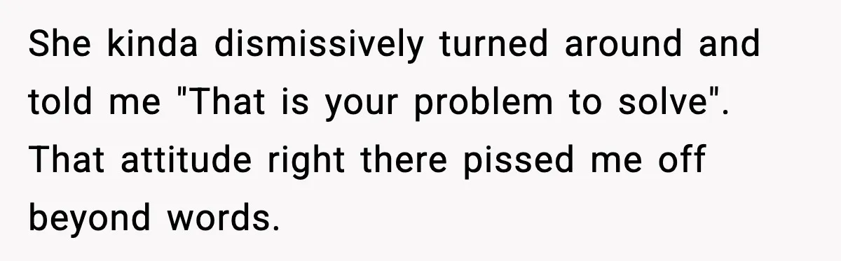 She kinda dismissively turned around and told me "That is your problem to solve". That attitude right there pissed me off beyond words.