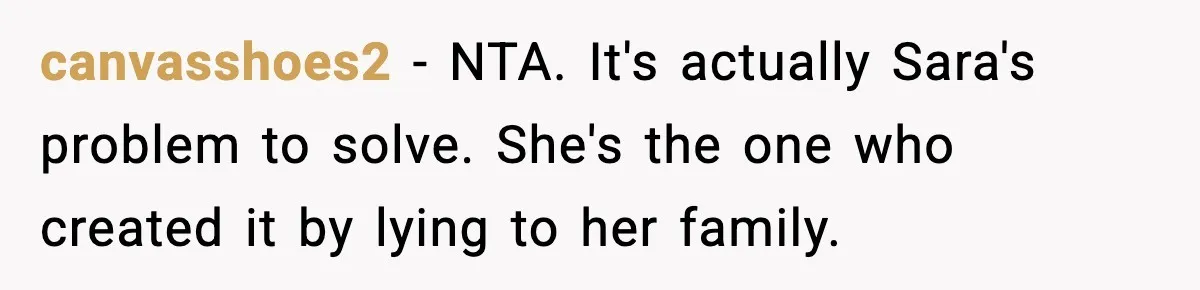 canvasshoes2 - NTA. It's actually Sara's problem to solve. She's the one who created it by lying to her family.