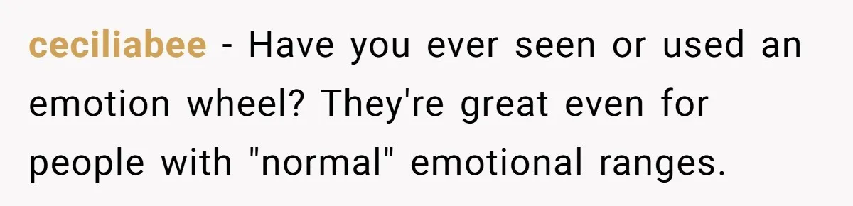 He Thought He Was Supporting His Grieving Wife. Now She’s Wondering If She Married the Wrong Man. ceciliabee − Have you ever seen or used an emotion wheel? They're great even for people with "normal" emotional ranges.