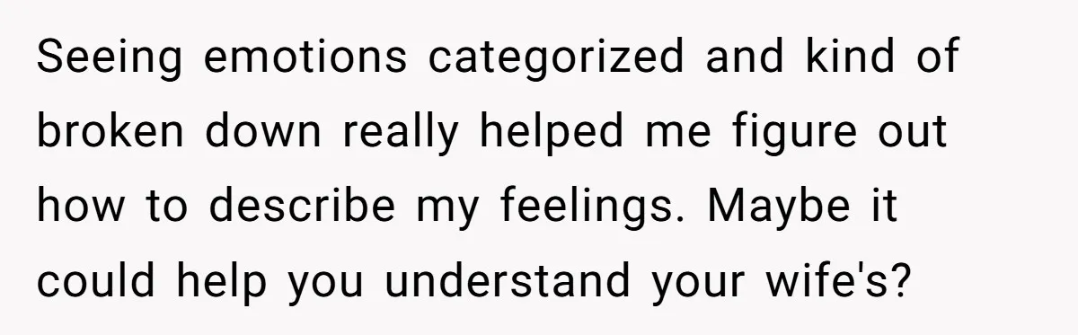 He Thought He Was Supporting His Grieving Wife. Now She’s Wondering If She Married the Wrong Man. Seeing emotions categorized and kind of broken down really helped me figure out how to describe my feelings. Maybe it could help you understand your wife's?