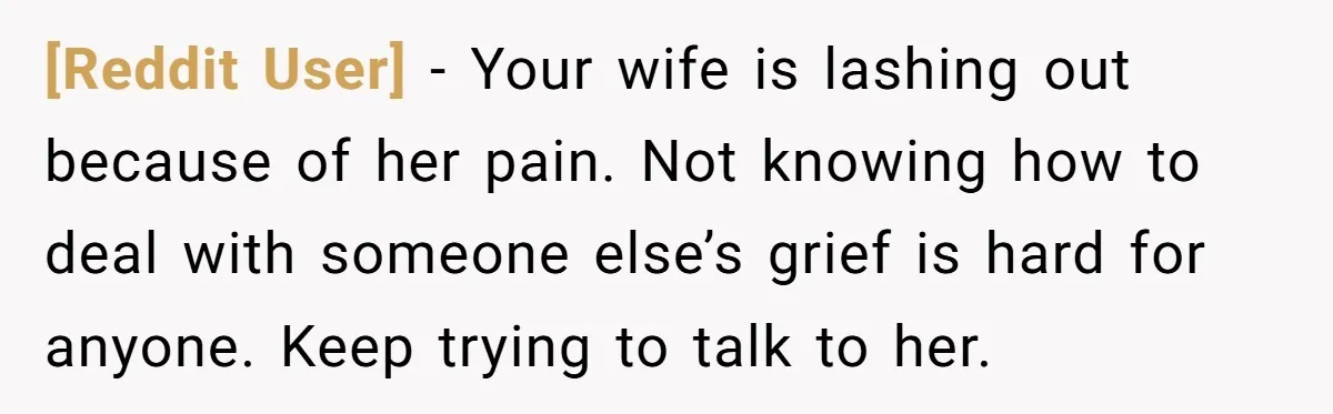 [Reddit User] − Your wife is lashing out because of her pain. Not knowing how to deal with someone else’s grief is hard for anyone. Keep trying to talk to...