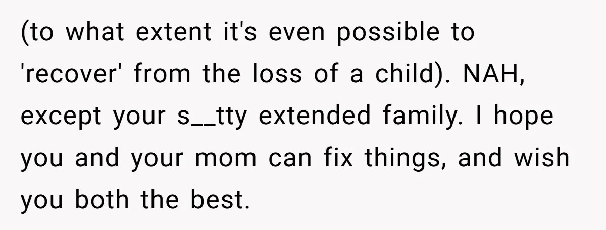 (to what extent it's even possible to 'recover' from the loss of a child). NAH, except your s__tty extended family. I hope you and your mom can fix things, and...