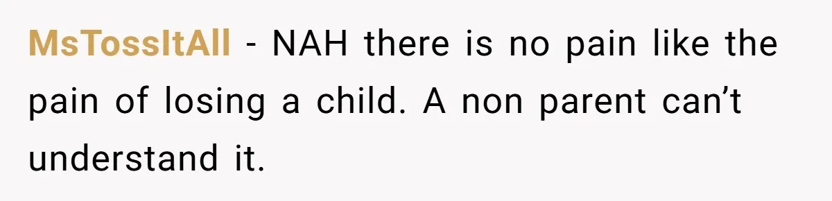 MsTossItAll − NAH there is no pain like the pain of losing a child. A non parent can’t understand it.