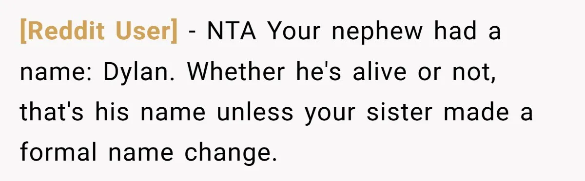 [Reddit User] - NTA Your nephew had a name: Dylan. Whether he's alive or not, that's his name unless your sister made a formal name change.