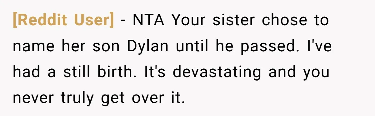 [Reddit User] - NTA Your sister chose to name her son Dylan until he passed. I've had a still birth. It's devastating and you never truly get over it.