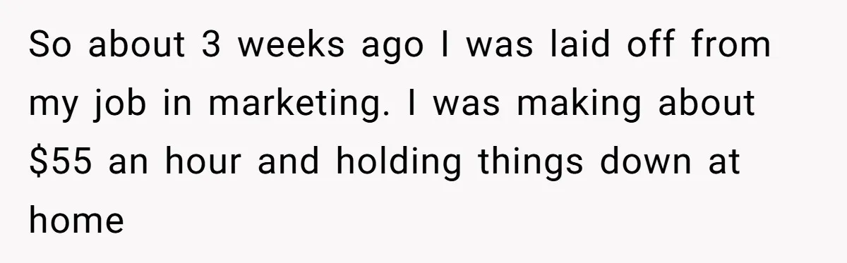So about 3 weeks ago I was laid off from my job in marketing. I was making about $55 an hour and holding things down at home
