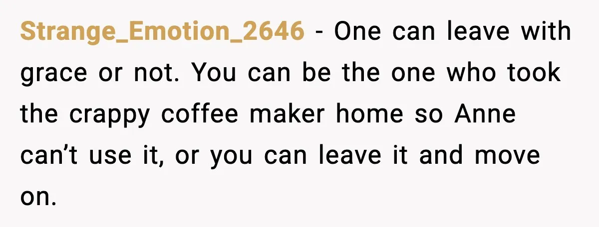 Strange_Emotion_2646 - One can leave with grace or not. You can be the one who took the crappy coffee maker home so Anne can’t use it, or you can leave...