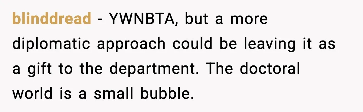 blinddread - YWNBTA, but a more diplomatic approach could be leaving it as a gift to the department. The doctoral world is a small bubble.