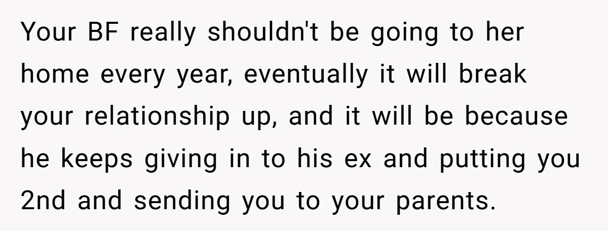 Your BF really shouldn't be going to her home every year, eventually it will break your relationship up, and it will be because he keeps giving in to his ex...