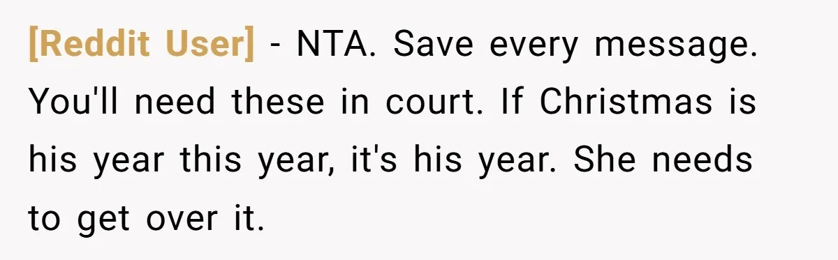 [Reddit User] − NTA. Save every message. You'll need these in court. If Christmas is his year this year, it's his year. She needs to get over it.