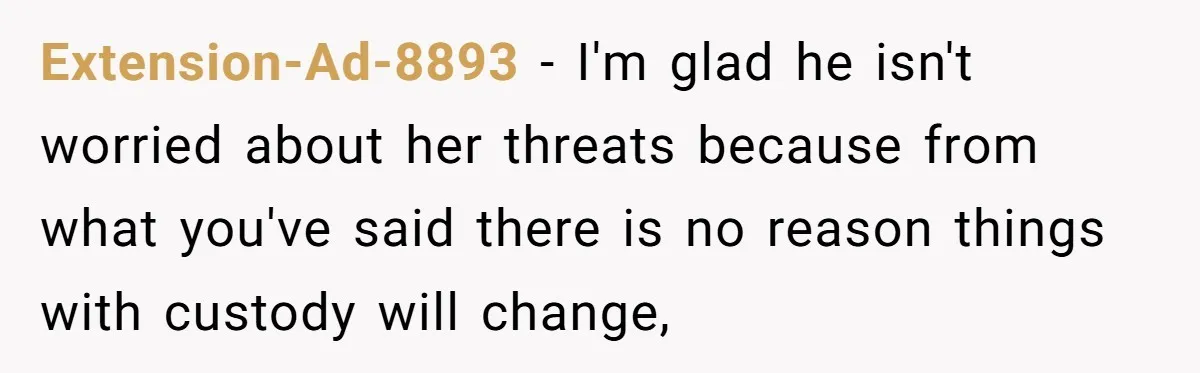 Extension-Ad-8893 − I'm glad he isn't worried about her threats because from what you've said there is no reason things with custody will change,