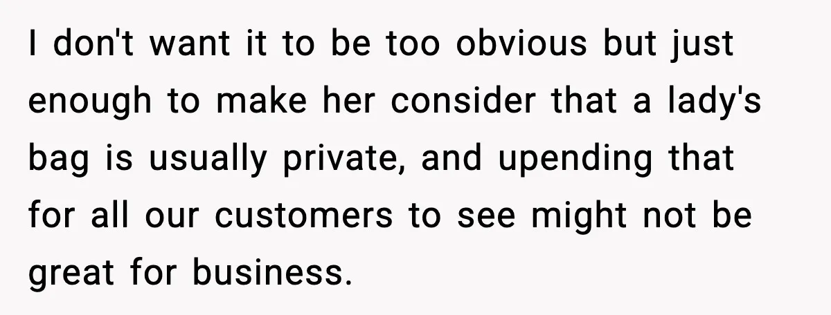 I don't want it to be too obvious but just enough to make her consider that a lady's bag is usually private, and upending that for all our customers to...