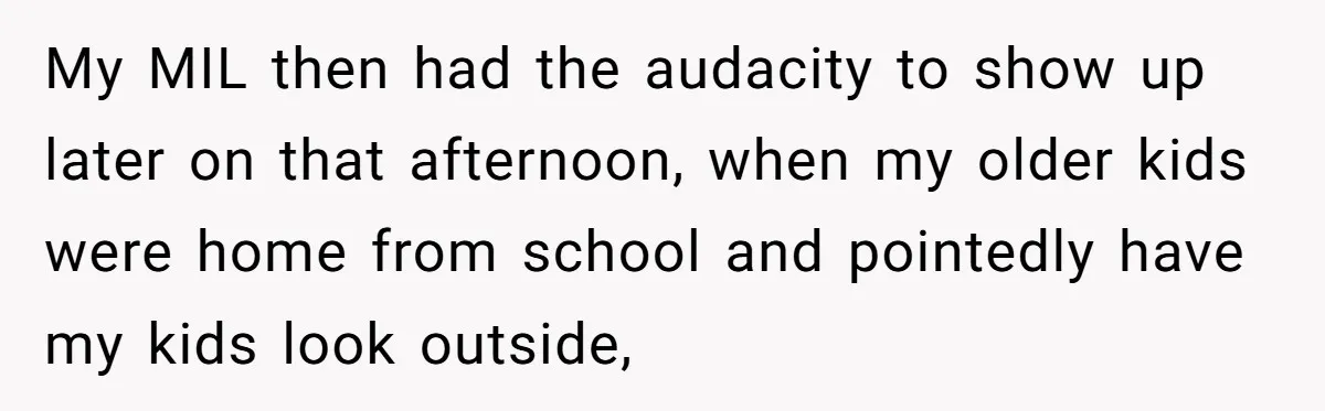 My MIL then had the audacity to show up later on that afternoon, when my older kids were home from school and pointedly have my kids look outside,