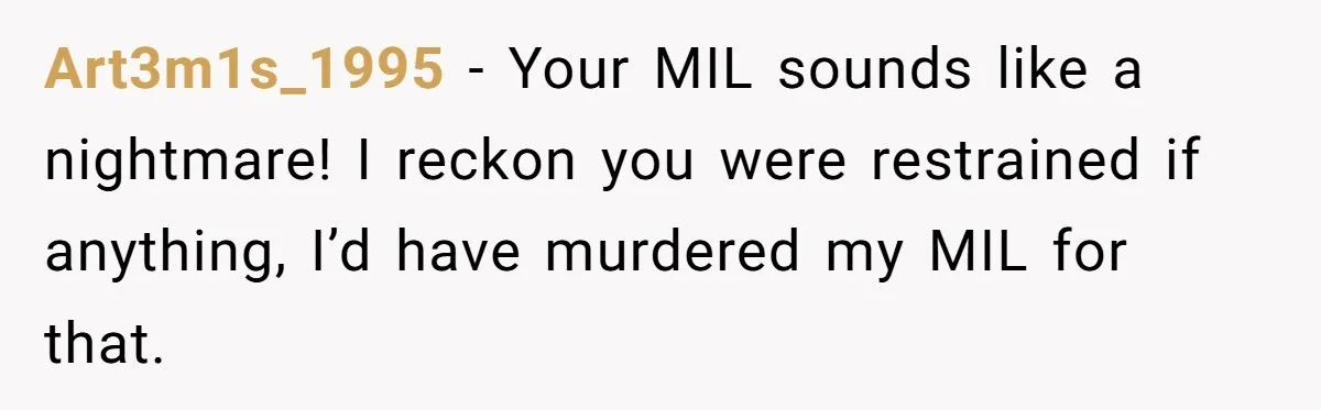 Art3m1s_1995 − Your MIL sounds like a nightmare! I reckon you were restrained if anything, I’d have murdered my MIL for that.