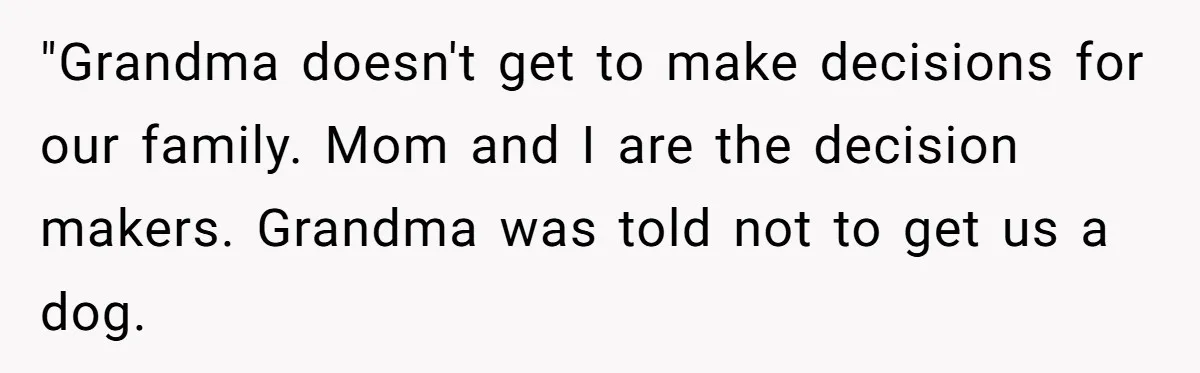 "Grandma doesn't get to make decisions for our family. Mom and I are the decision makers. Grandma was told not to get us a dog.