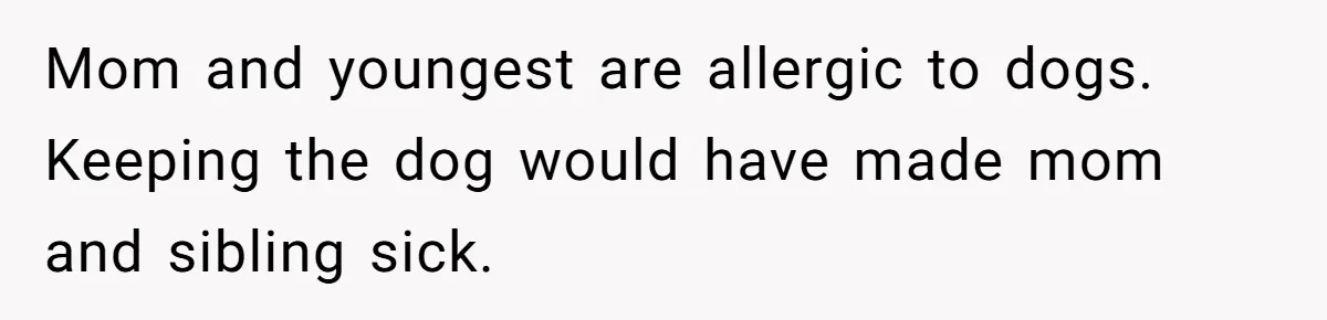 Mom and youngest are allergic to dogs. Keeping the dog would have made mom and sibling sick.
