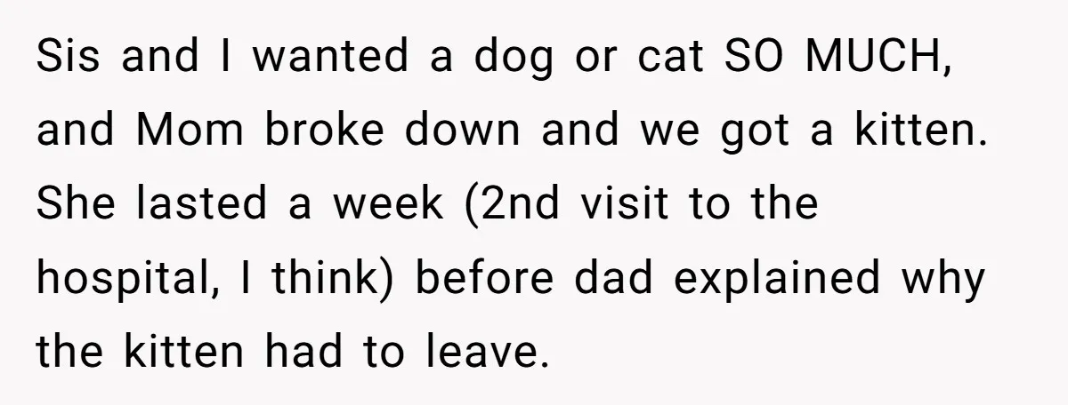 Sis and I wanted a dog or cat SO MUCH, and Mom broke down and we got a kitten. She lasted a week (2nd visit to the hospital, I think)...