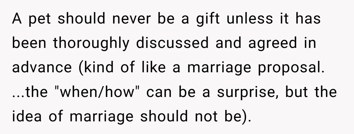 A pet should never be a gift unless it has been thoroughly discussed and agreed in advance (kind of like a marriage proposal. ...the "when/how" can be a surprise, but...