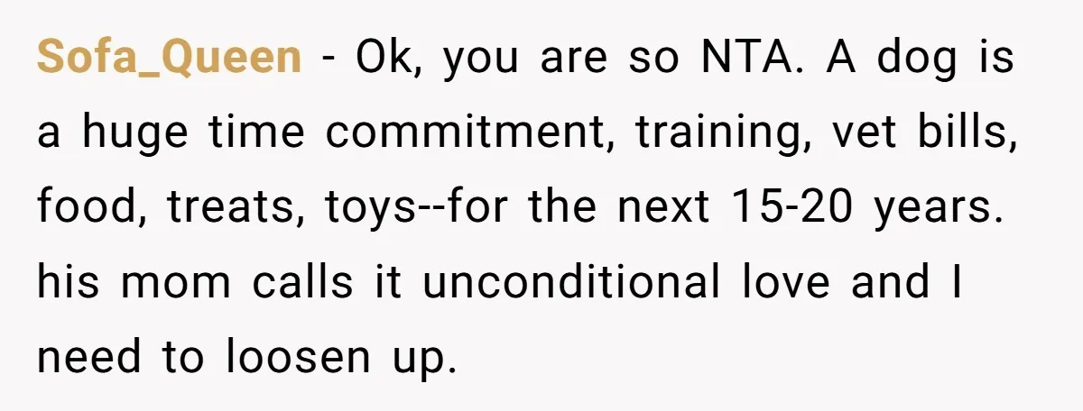 Sofa_Queen − Ok, you are so NTA. A dog is a huge time commitment, training, vet bills, food, treats, toys--for the next 15-20 years. his mom calls it unconditional love...