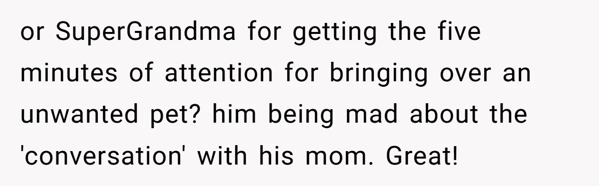 or SuperGrandma for getting the five minutes of attention for bringing over an unwanted pet? him being mad about the 'conversation' with his mom. Great!