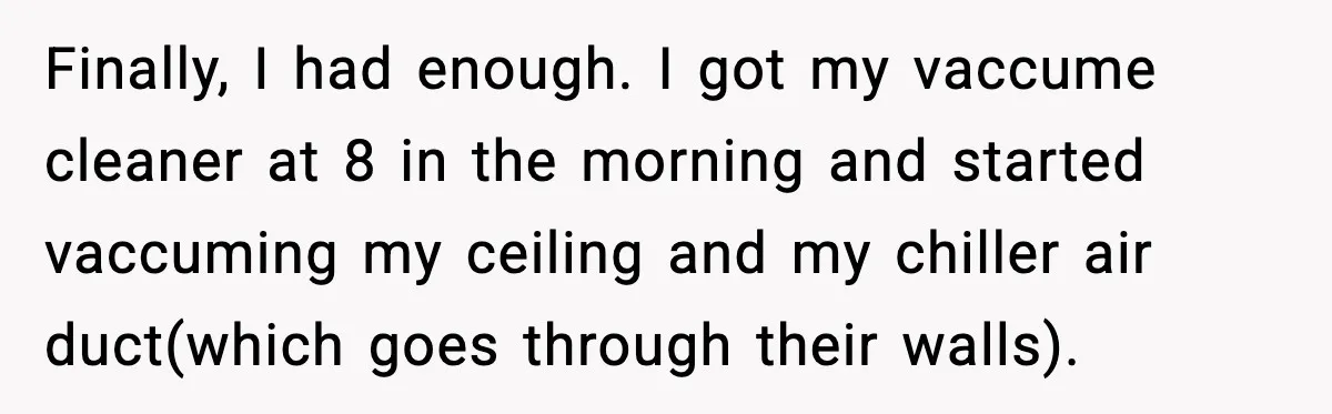 Finally, I had enough. I got my vaccume cleaner at 8 in the morning and started vaccuming my ceiling and my chiller air duct(which goes through their walls).