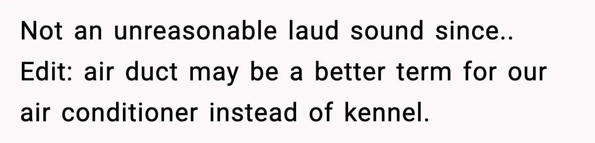 Not an unreasonable laud sound since.. Edit: air duct may be a better term for our air conditioner instead of kennel.