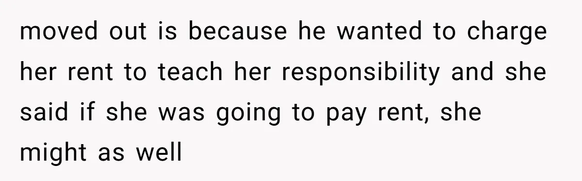 moved out is because he wanted to charge her rent to teach her responsibility and she said if she was going to pay rent, she might as well