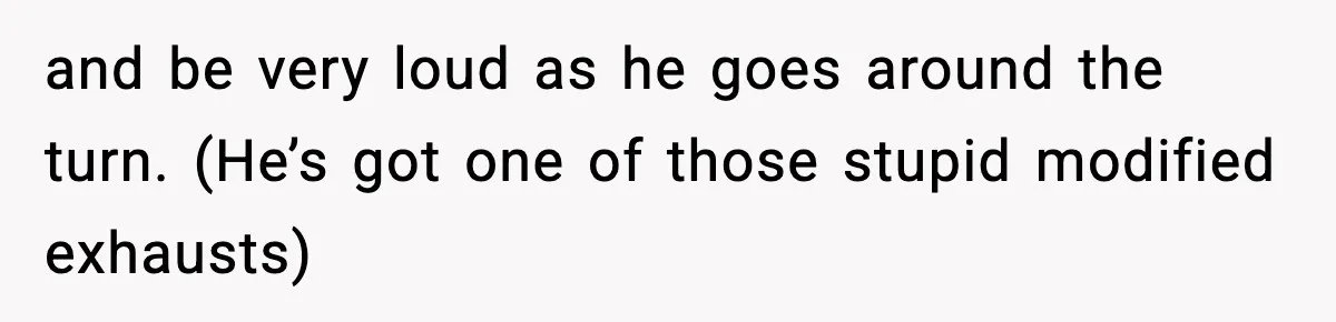 and be very loud as he goes around the turn. (He’s got one of those stupid modified exhausts)