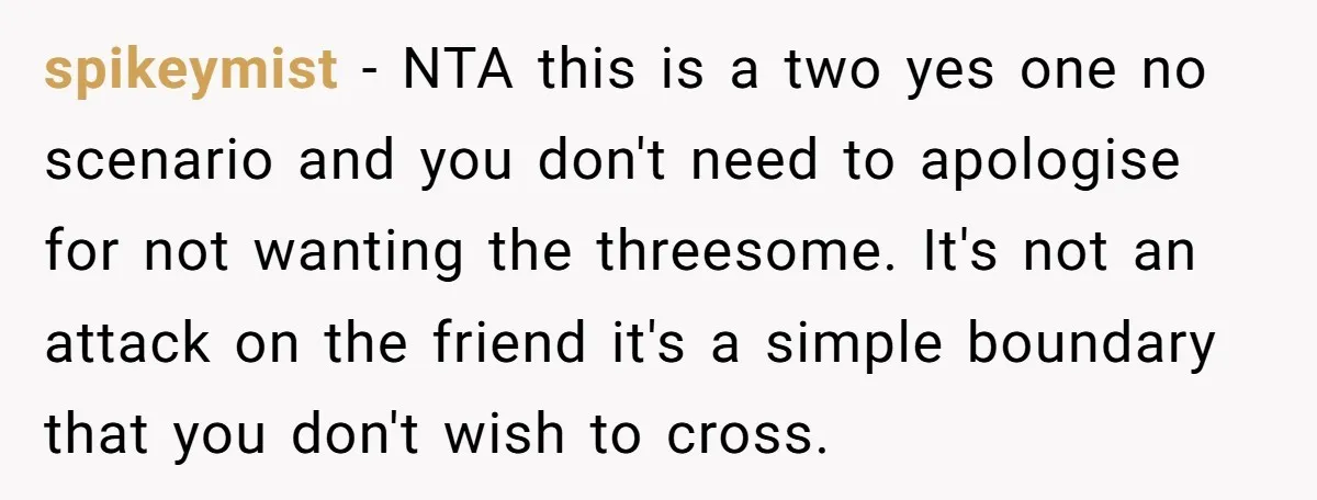 spikeymist − NTA this is a two yes one no scenario and you don't need to apologise for not wanting the threesome. It's not an attack on the friend it's...